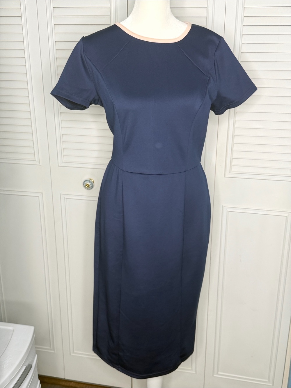 Poppy Lux Womens Navy Midi Dress Contrast Neckline Office Career Blue Size 6